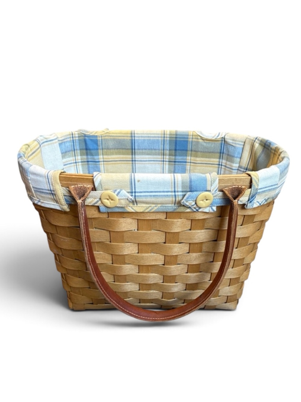 Longaberger Boardwalk Basket Leather Handles Plaid Liner